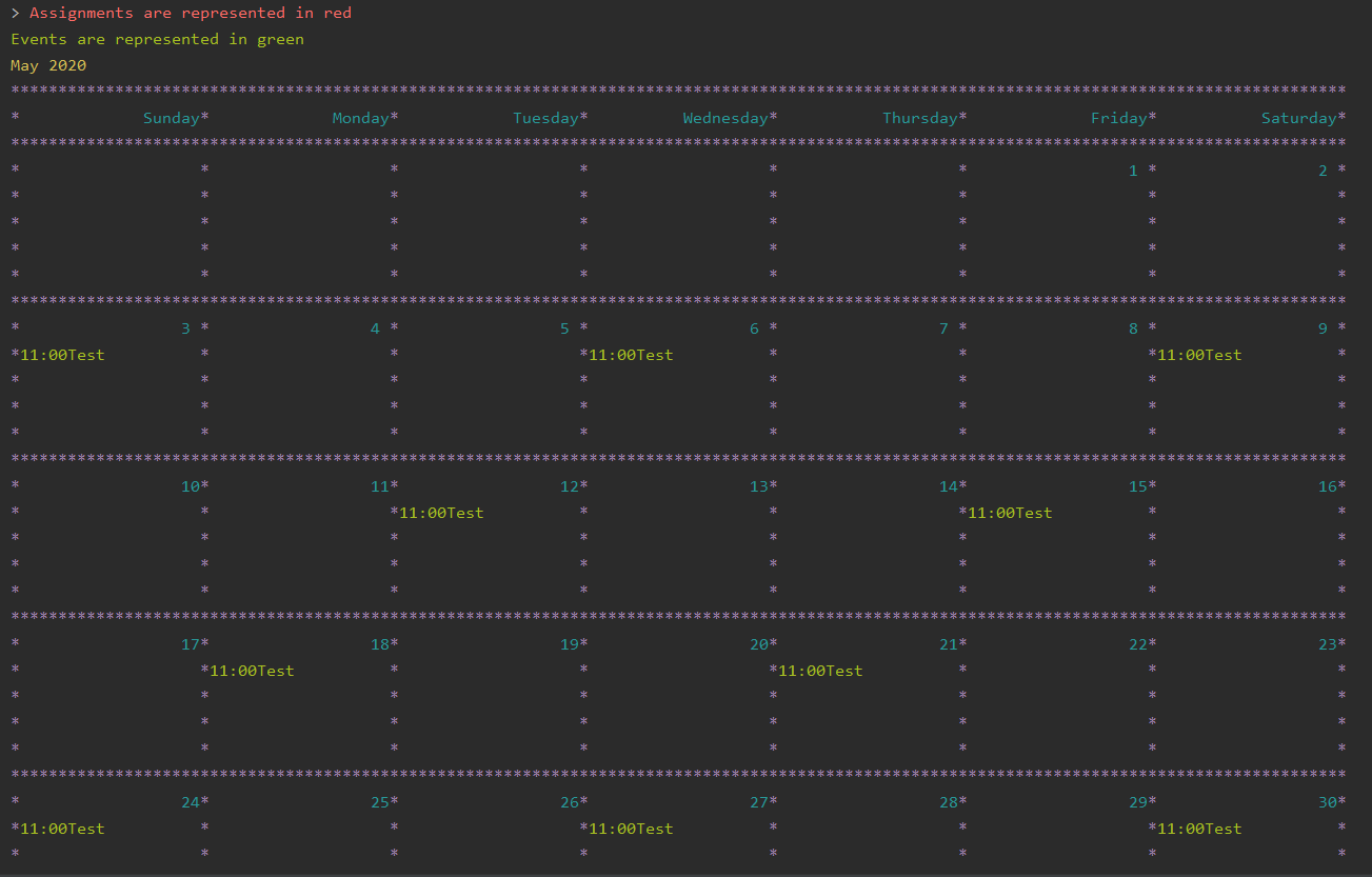 Sample output of Calendar Command